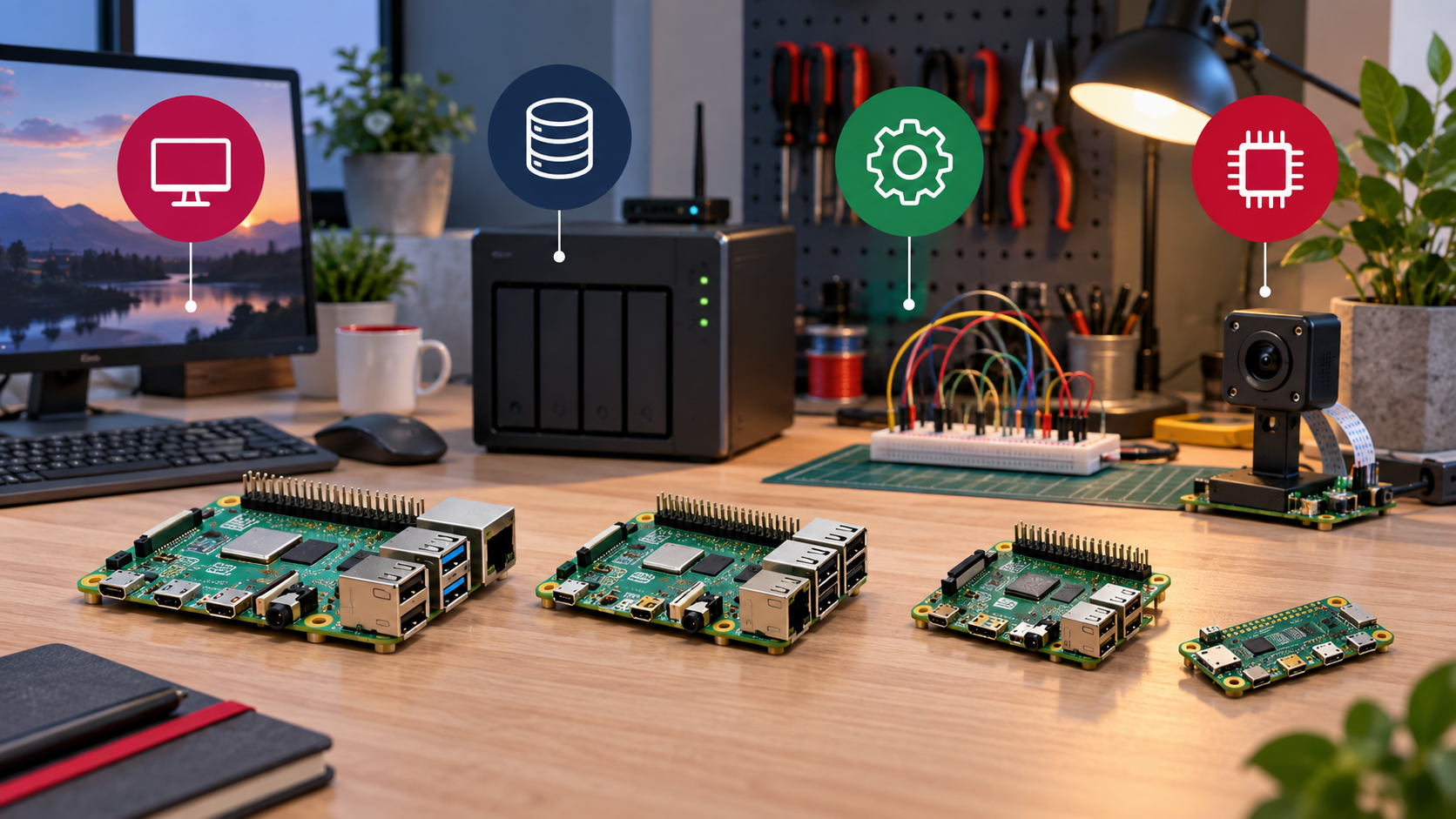 Ilustrační přehled různých Raspberry Pi pro pracovní plochu, domácí server, bastlení a vestavné použití