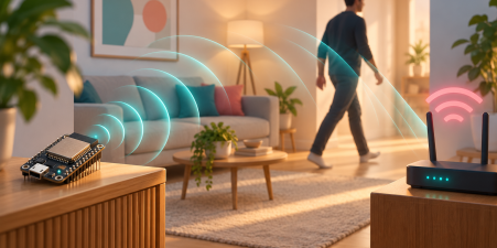 Ilustrační ESP32 a domácí Wi-Fi síť se symbolickým zobrazením pohybu v místnosti