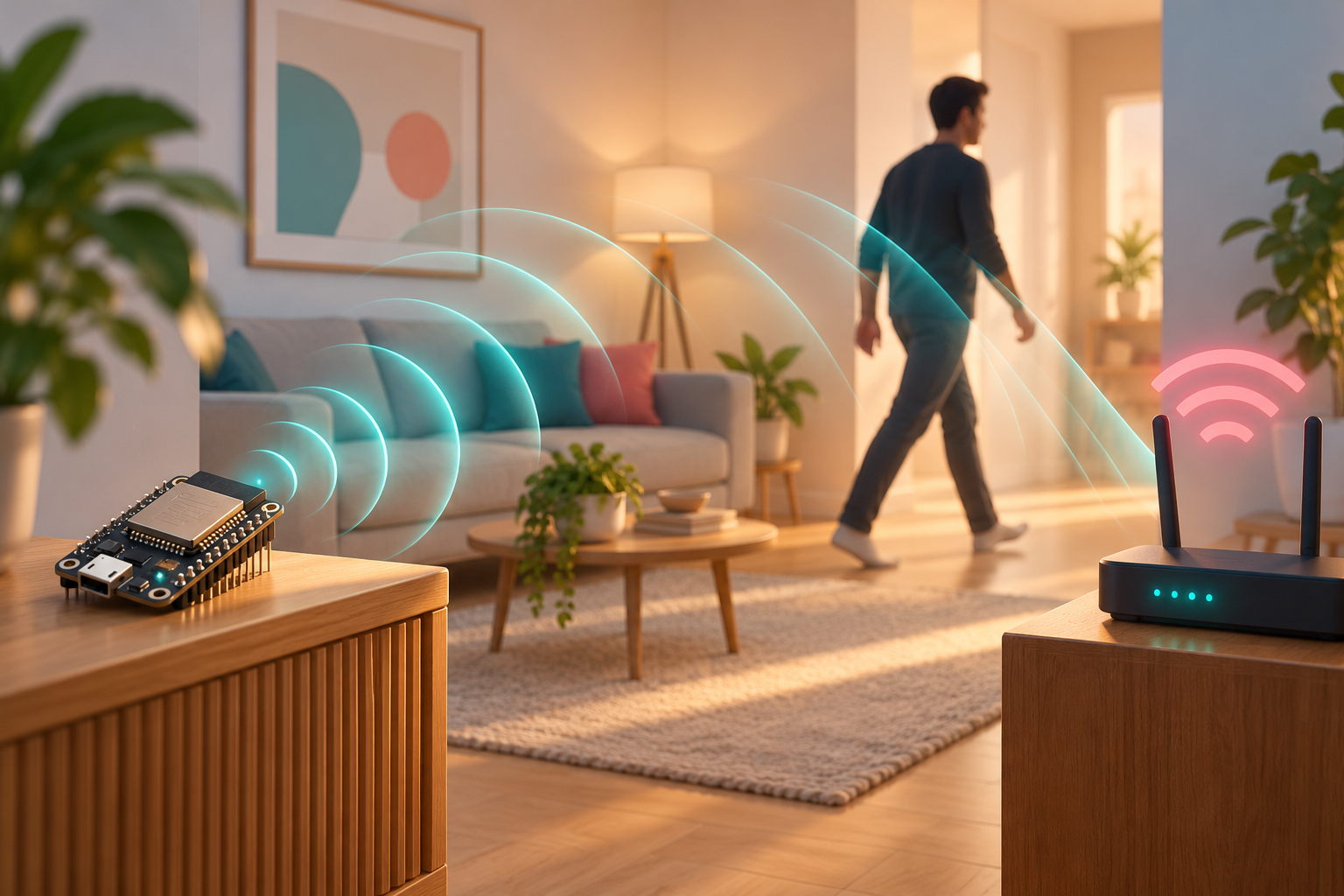 Ilustrační ESP32 a domácí Wi-Fi síť se symbolickým zobrazením pohybu v místnosti