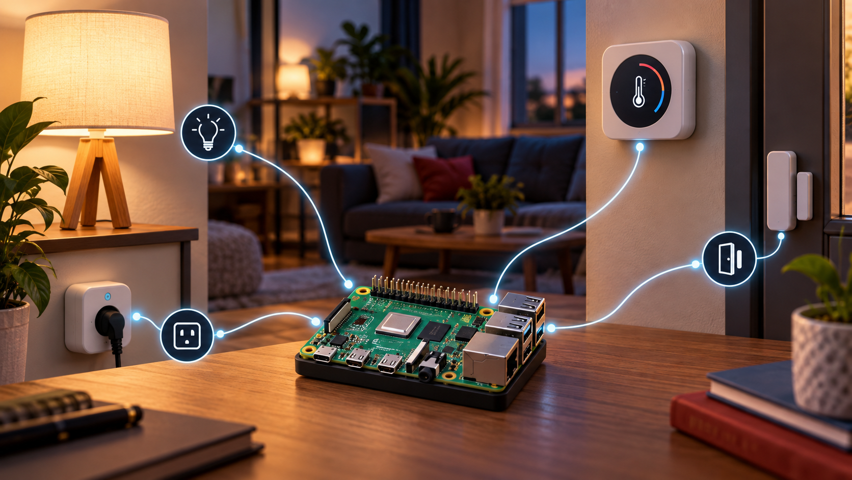 Ilustrační Raspberry Pi jako centrum domácí automatizace propojené se světlem, termostatem, zásuvkou a dveřním senzorem