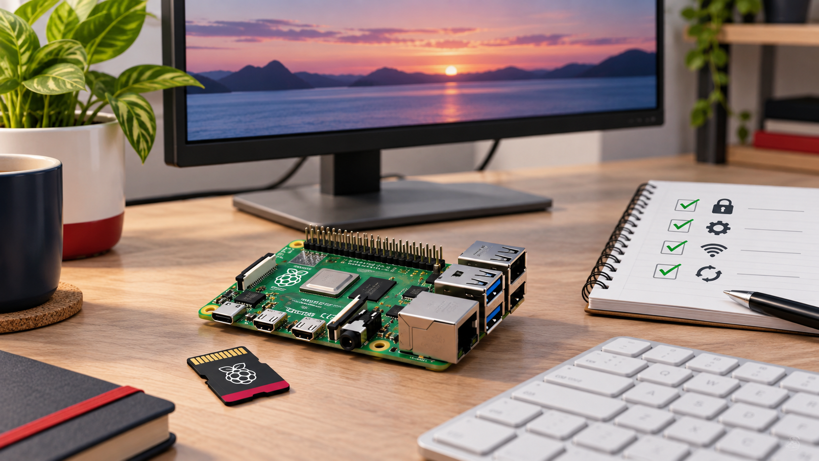 Ilustrační pracovní stůl s Raspberry Pi, microSD kartou, monitorem a kontrolním seznamem bezpečného nastavení