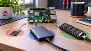 Ilustrační srovnání microSD karty, externího SSD a NVMe úložiště pro Raspberry Pi