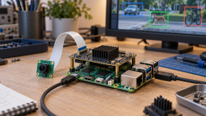 Ilustrační Raspberry Pi s přídavným AI akcelerátorem a kamerou pro lokální rozpoznávání obrazu