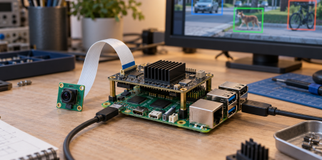 Ilustrační Raspberry Pi s přídavným AI akcelerátorem a kamerou pro lokální rozpoznávání obrazu