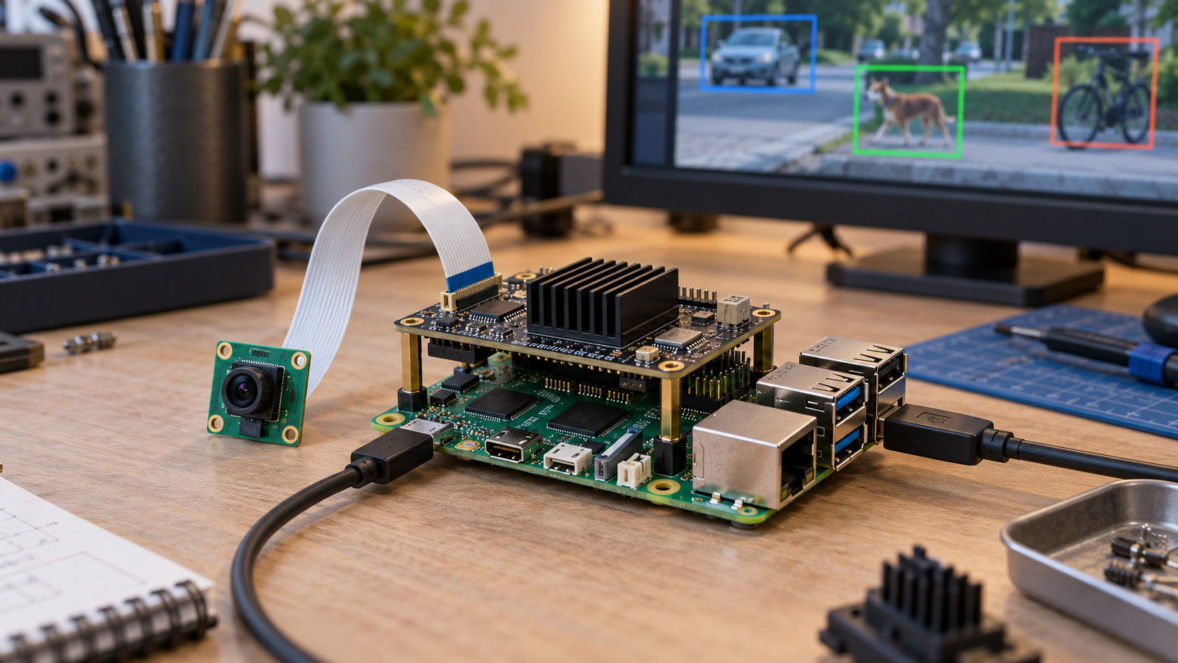 Ilustrační Raspberry Pi s přídavným AI akcelerátorem a kamerou pro lokální rozpoznávání obrazu
