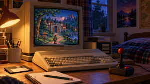 Ilustrační retro počítačová sestava s původní pixelovou fantasy scénou na CRT monitoru.