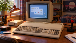 Ilustrační sestava domácího počítače Amiga 500 s CRT monitorem, disketovou mechanikou a joystickem.