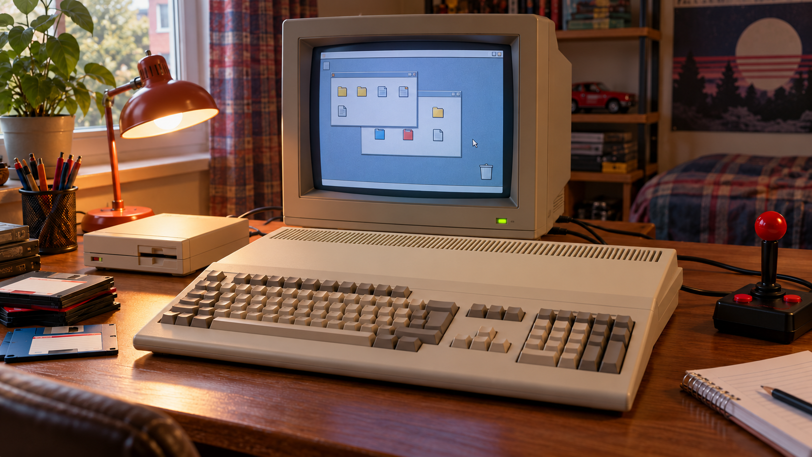 Ilustrační sestava domácího počítače Amiga 500 s CRT monitorem, disketovou mechanikou a joystickem.
