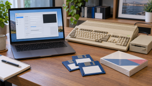 Ilustrační porovnání historického počítače Amiga 500 a moderního notebooku s nastavením emulátoru.