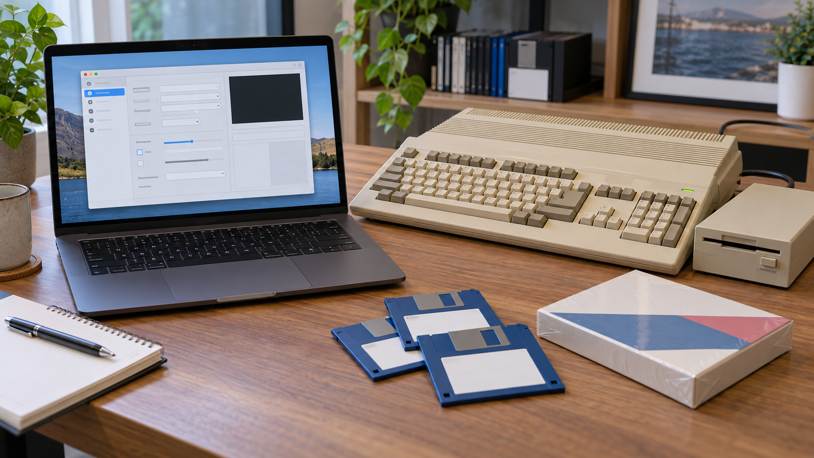 Ilustrační porovnání historického počítače Amiga 500 a moderního notebooku s nastavením emulátoru.