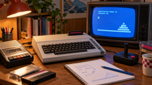 Ilustrační sestava osmibitového počítače Atari XL/XE s CRT televizorem, kazetovou mechanikou a joystickem.