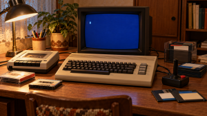 Ilustrační sestava počítače Commodore 64 s CRT monitorem, kazetovou mechanikou, disketami a joystickem.