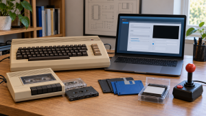 Ilustrační porovnání počítače Commodore 64 a notebooku s obecným nastavením emulátoru.