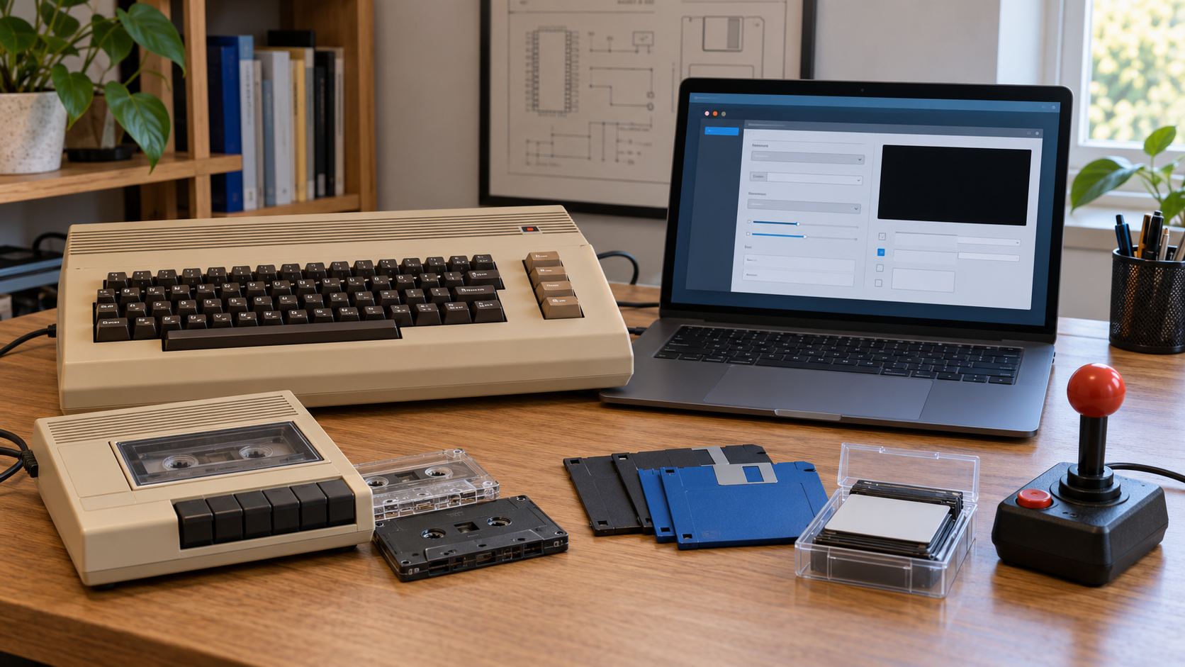 Ilustrační porovnání počítače Commodore 64 a notebooku s obecným nastavením emulátoru.