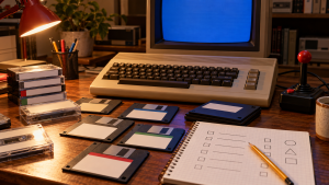 Ilustrační redakční pracoviště pro výběr hry Commodore 64 s prázdnými médii a kontrolním seznamem.
