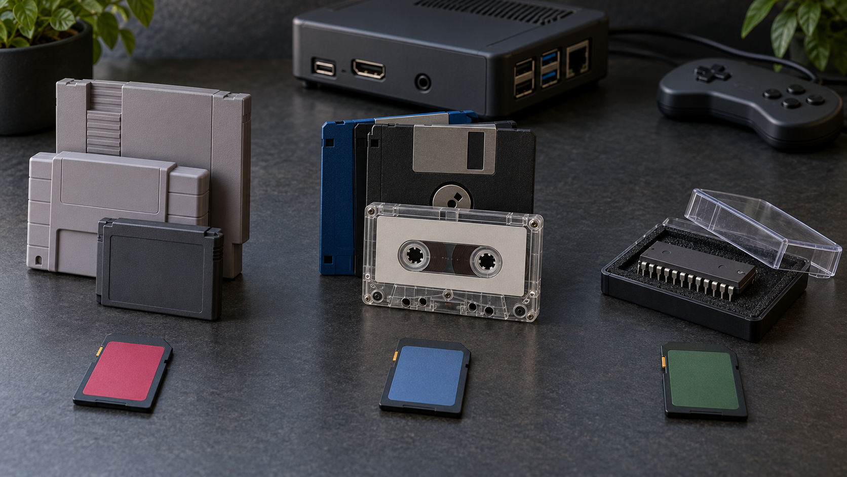Ilustrační oddělení cartridge, diskety, kazety, firmware čipu a archivních karet pro emulaci.