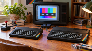 Ilustrační porovnání dvou generací domácích počítačů ZX Spectrum s CRT televizorem a kazetami.