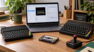 Ilustrační dvojice počítačů ZX Spectrum vedle notebooku s obecným nastavením emulátoru.