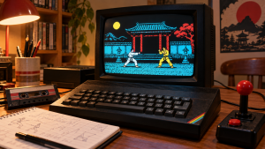 Ilustrační retro sestava s původní pixelovou scénou souboje bojovníků na CRT monitoru.